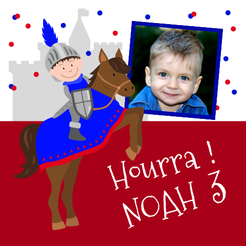 Carte d'invitation jolie avec une photo, un chevalier et des confettis