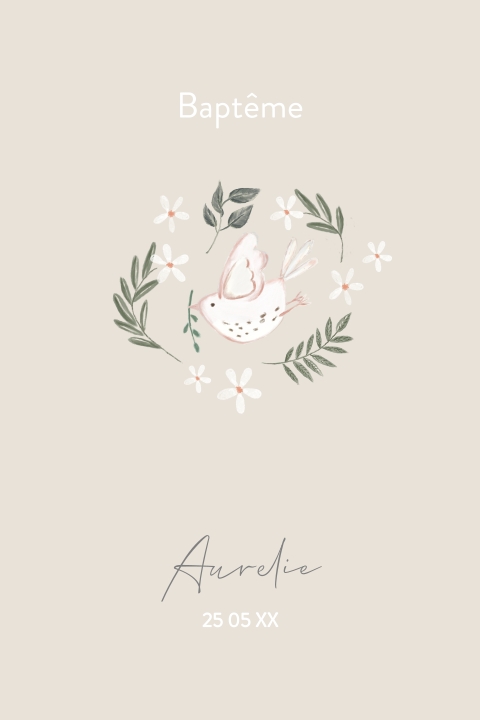 Faire-part de baptême beige avec colombe, fleurs et feuilles
