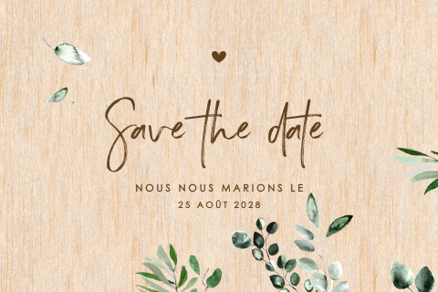 Save the date sur bois avec des branches en aquarelle
