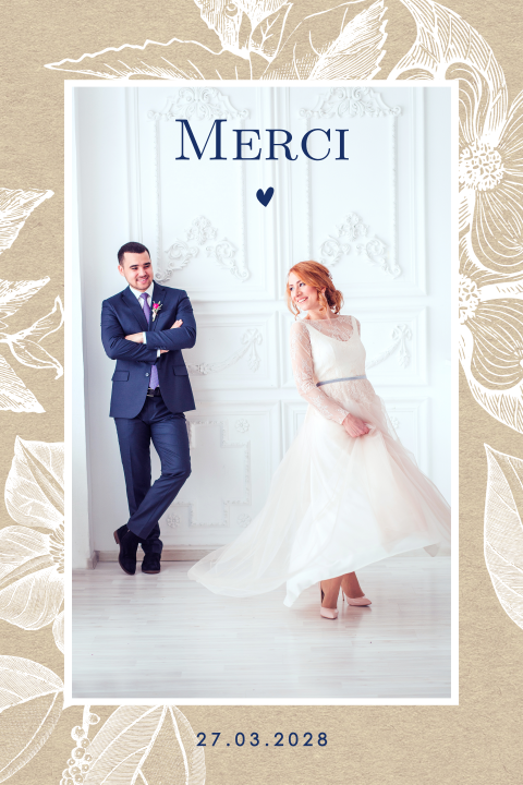 Carte de remerciement classique avec esquisses de fleurs et photo