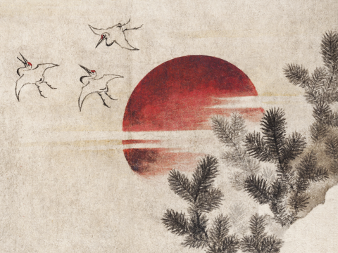 Affiche Oiseaux et coucher de soleil Katsushika Hokusai