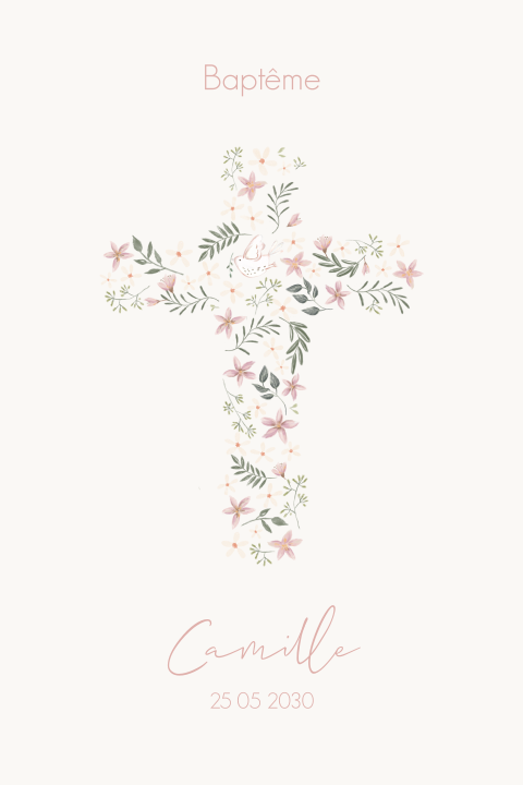 Faire-part de baptême avec une croix faite de fleurs et feuilles