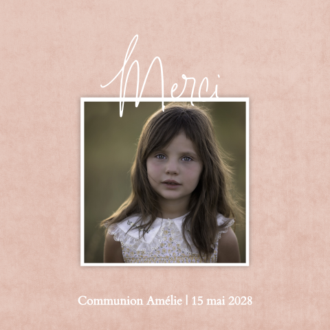 Carte remerciement communion avec photo et fond rose