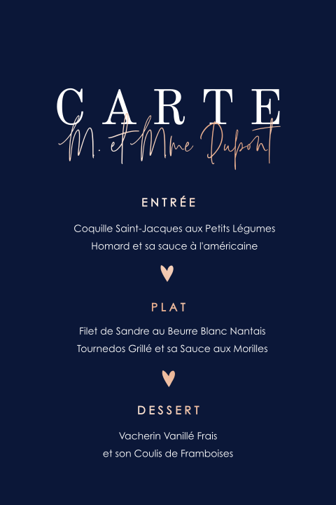 Belle carte de menu bleue avec finition en or rose