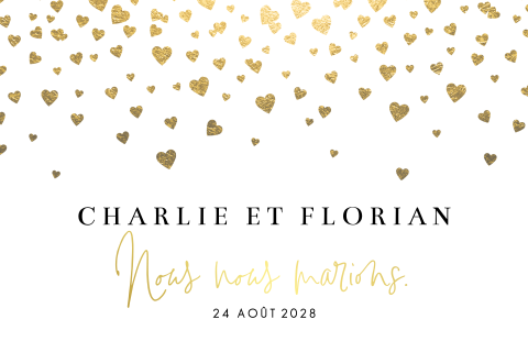 Faire-part romantique avec envolée de cœurs dorés
