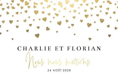 Faire-part romantique avec envolée de cœurs dorés