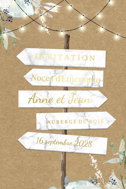 Invitation noces d'Emeraude avec branches et dorure