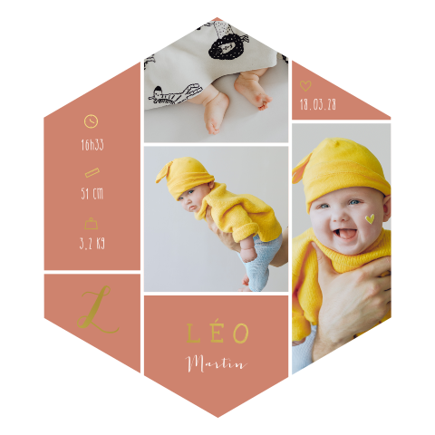 Faire-part de naissance en forme d'hexagone avec photos et dorure