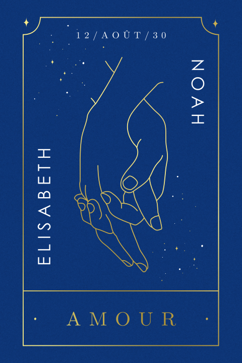 Faire-part style tarot avec détails dorés sur fond bleu nuit