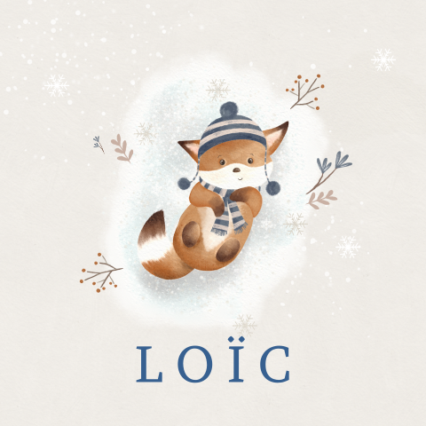 Faire-part de naissance hivernal avec petit renard dans la neige