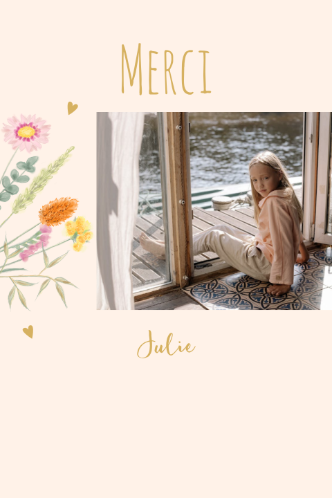 Carte remerciement communion avec fleurs, coeurs et photo