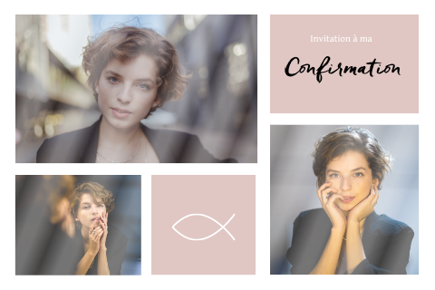 Faire-part de confirmation avec photos et détails rose pâle