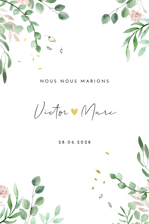 Faire-part frais et léger avec feuilles et fleurs