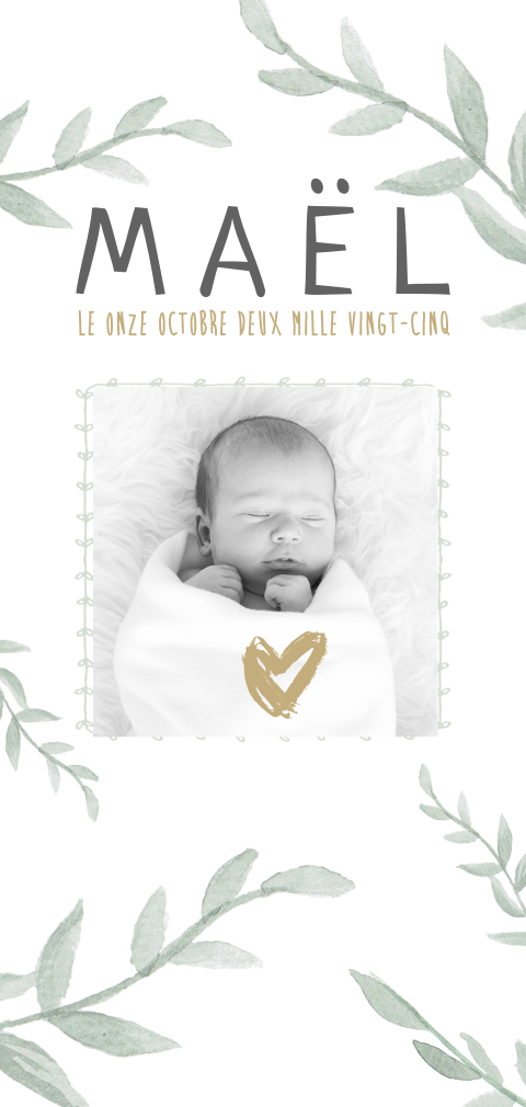 Faire-part de naissance avec des cœurs, des branches et une photo