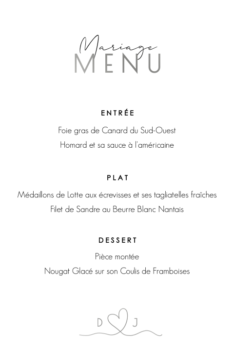 Carte de menu avec un dessin de coeur et des dorures argentées