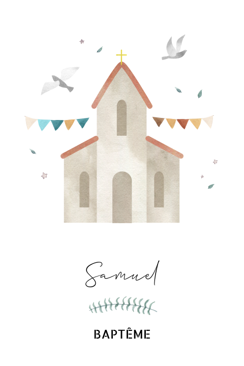 Faire-part de baptême avec illustration d'une église et colombes