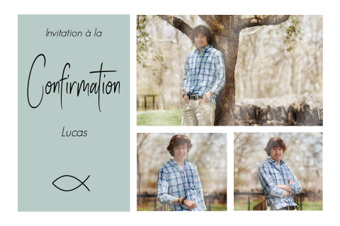Faire-part de confirmation bleu avec trois photos