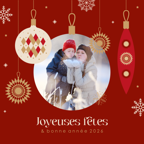 Carte de voeux avec boules de Noël et flocons de neige