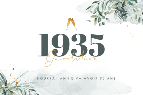 Carte d'invitation pour avec des feuillages et année de naissance