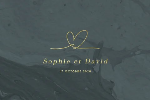 Faire-part de mariage avec cœur en dorure sur fond anthracite