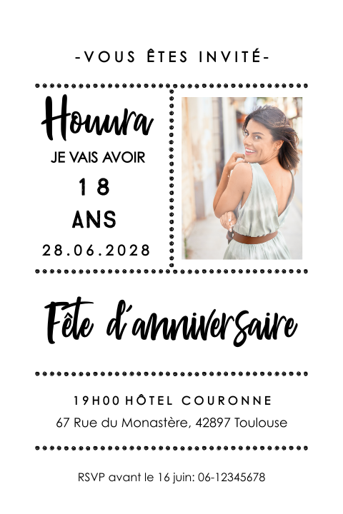 Carte d'invitation simple sous forme de billet avec photo