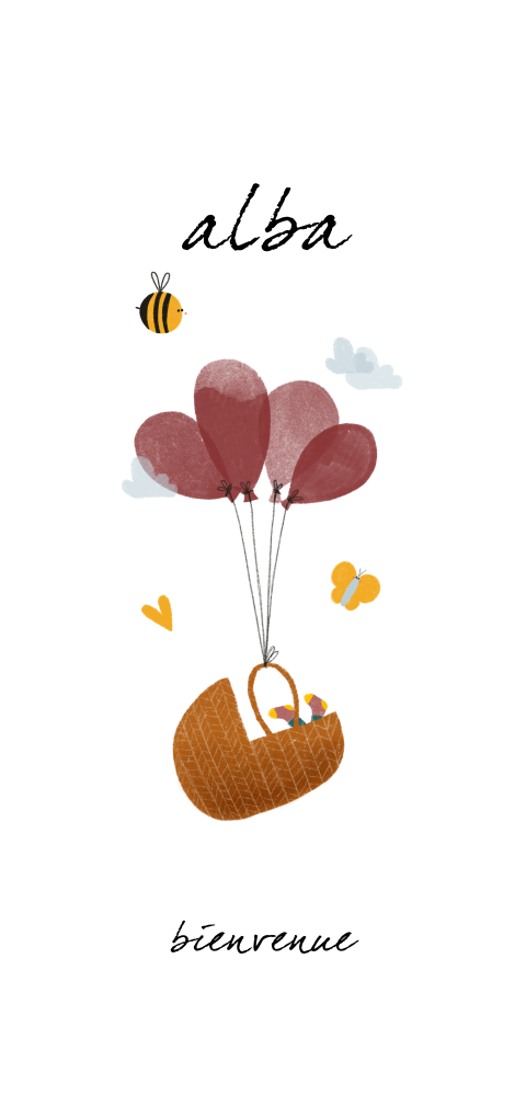 Faire-part de naissance avec berceau et ballons roses