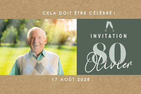 Carte d'invitation pour les 80 ans en aspect kraft et une photo