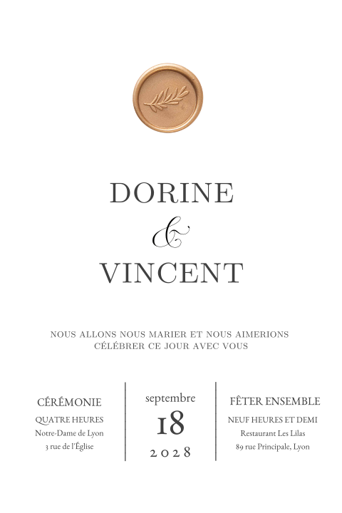 Faire-part de mariage classique avec sceau optionnel