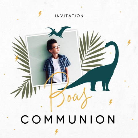 Faire-part communion avec feuilles, dinosaures, éclairs et photo