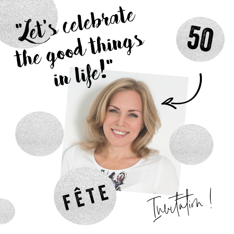Carte d'invitation pour les 50 ans avec photo et confetti argentés