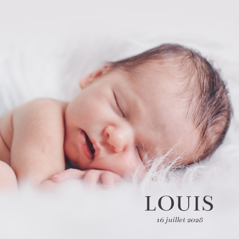 Faire-part de naissance avec grande photo et typographie classique