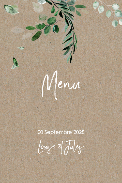Menu floral sur papier kraft avec des branches d'aquarelle