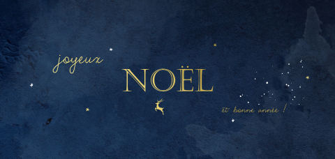 Carte de Noël sur fond bleu foncé avec des dorures et un renne