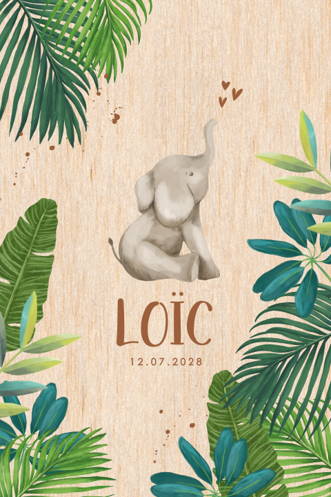 Faire-part de naissance sur bois avec feuilles et éléphant