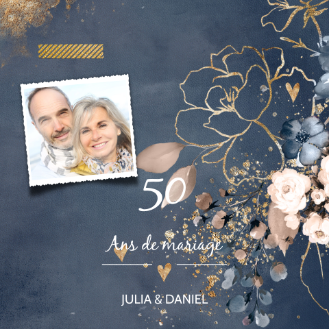 Invitation anniversaire mariage avec fleurs ornées, photo, dorure