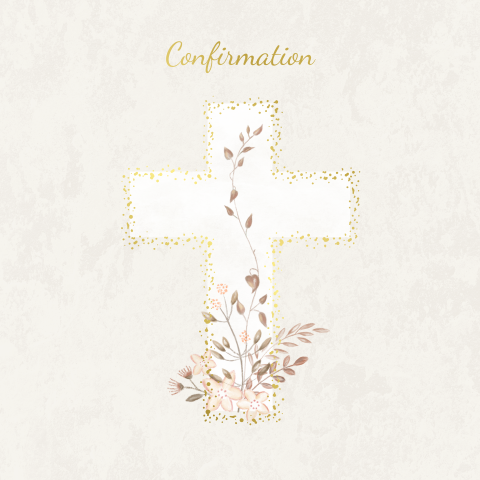 Faire-part de confirmation élégant avec croix, fleurs et dorures