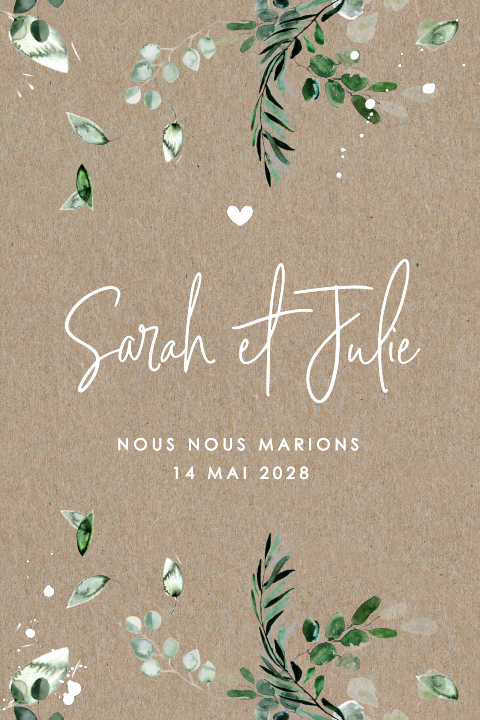 Faire-part avec branches vertes sur papier kraft
