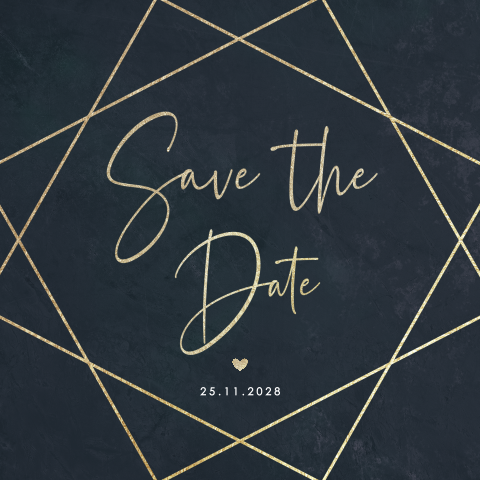 Save the date avec un cœur sur fond bleu foncé.