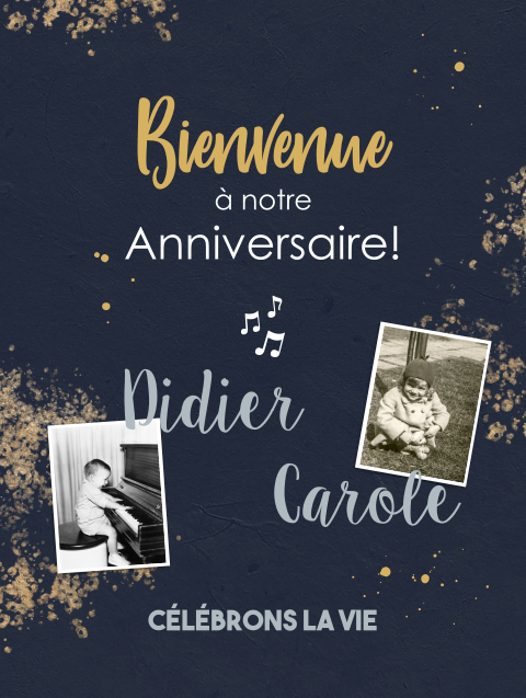 Panneau de bienvenue anniversaire avec photos sur fond foncé