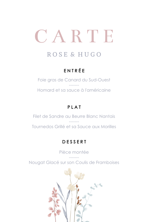 Carte de menu avec des fleurs séchées dans les tons pastel