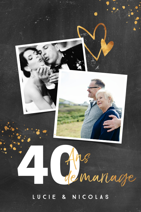 Invitation anniversaire mariage avec photos et cœurs jaune-or