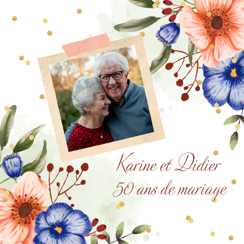Invitation anniversaire mariage avec photo, fleurs et confettis