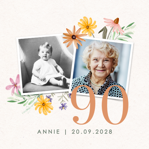 Invitation pour le 90e anniversaire avec fleurs et photos