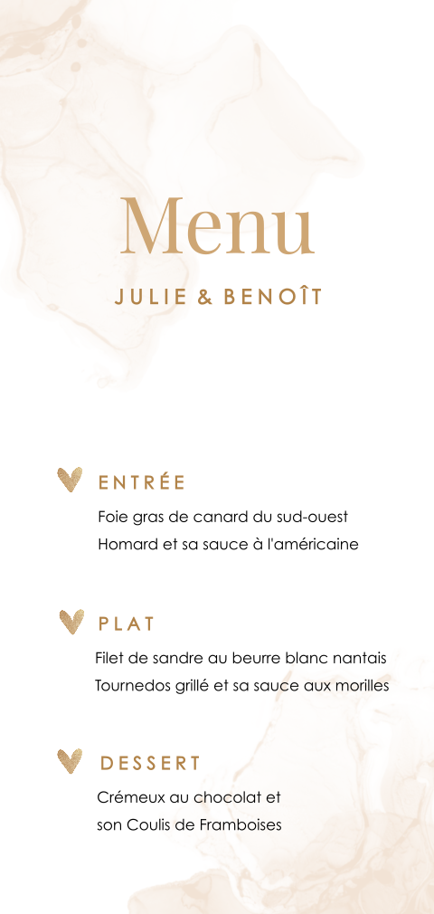 Carte de menu dans des teintes roses et dorées