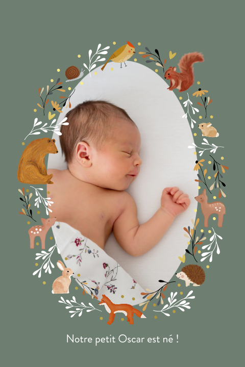 Faire-part de naissance avec animaux de la forêt et photo