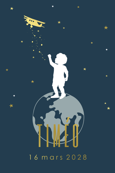 Faire-part de naissance avec garçon sur planète et dorures