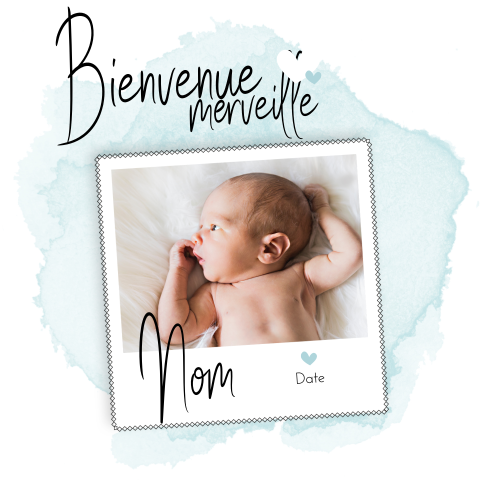 Faire-part de naissance avec Polaroid et aquarelle bleue