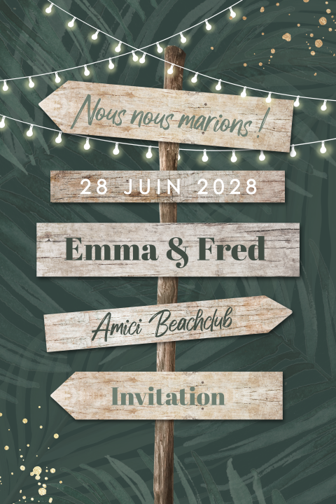 Faire-part de mariage avec panneau indicateur et guirlandes lumineuses