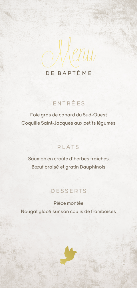 Carte de menu pour le baptême avec dorure et colombe