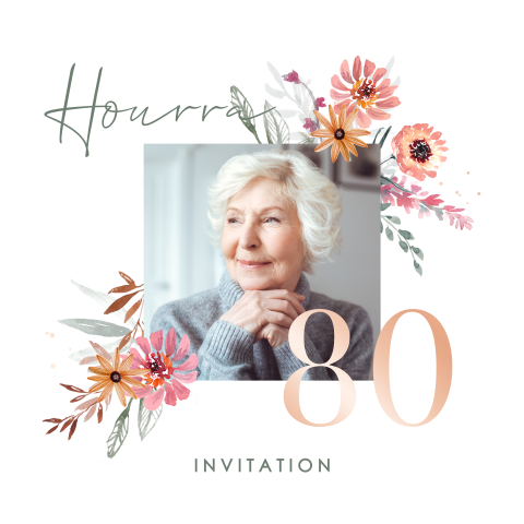 Invitation florale pour les 80 ans avec une photo et dorure rosée